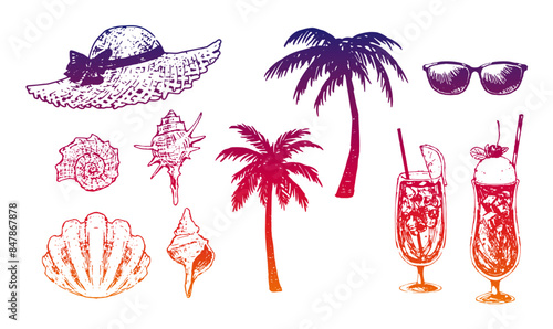 お洒落でかわいい手描きのトロピカルなイラスト装飾セット　夏　海　ペン画　バカンス　夏休み　リゾート