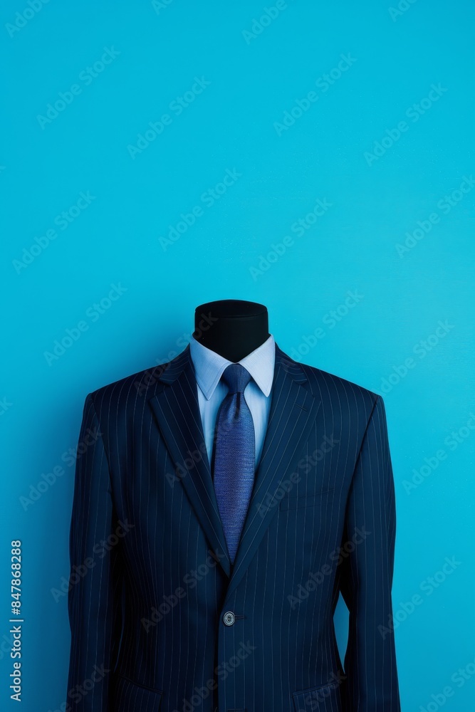 Mannequin dressed in a dark pinstripe suit with a blue tie against a bright blue background, emphasizing formalwear and fashion. Mannequin dressed in a dark pinstripe suit with a blue tie against a bright blue background, emphasizing formalwear and fashion.