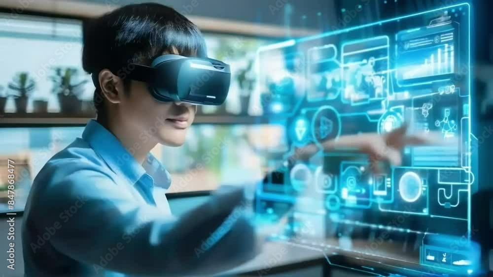 Man Engaging with Futuristic VR Interface in a Modern Office Setting Man Engaging with Futuristic VR Interface in a Modern Office Setting