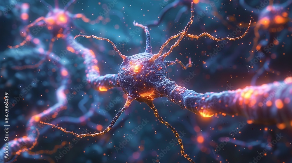 A digital illustration depicting , a nerve cell, with its dendrites and axon. The image is rendered in a vibrant, abstract style A digital illustration depicting , a nerve cell, with its dendrites and axon. The image is rendered in a vibrant, abstract style