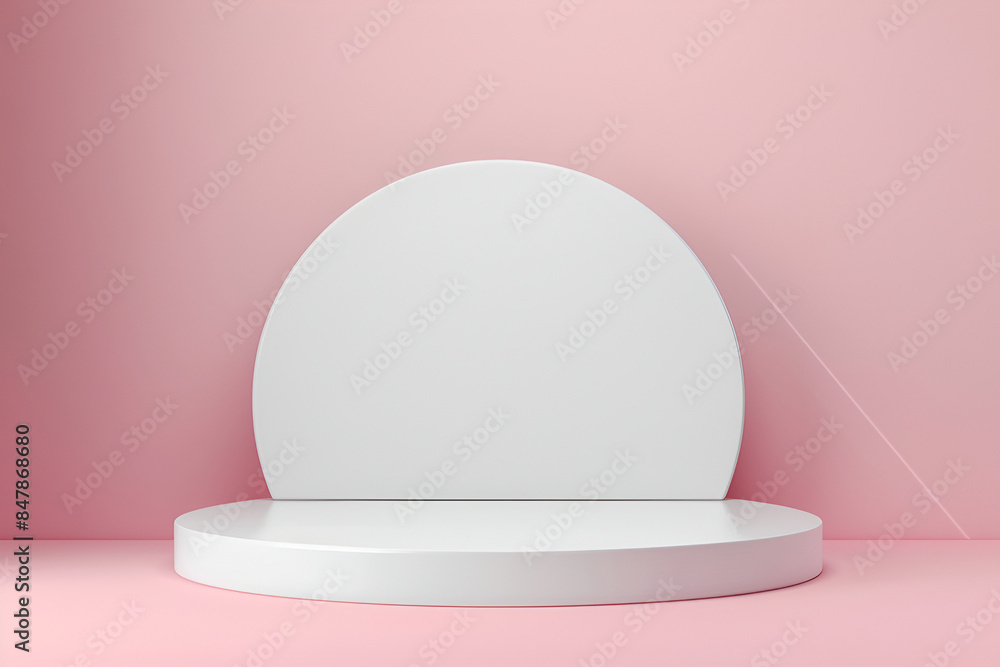 Fototapeta premium White round podium for product presentation on pink background , podium for commercial photography, pink background