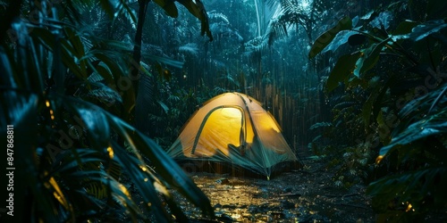 Fototapeta Naklejka Na Ścianę i Meble -  a tent in the middle of dense jungle at rainy night with light from inside