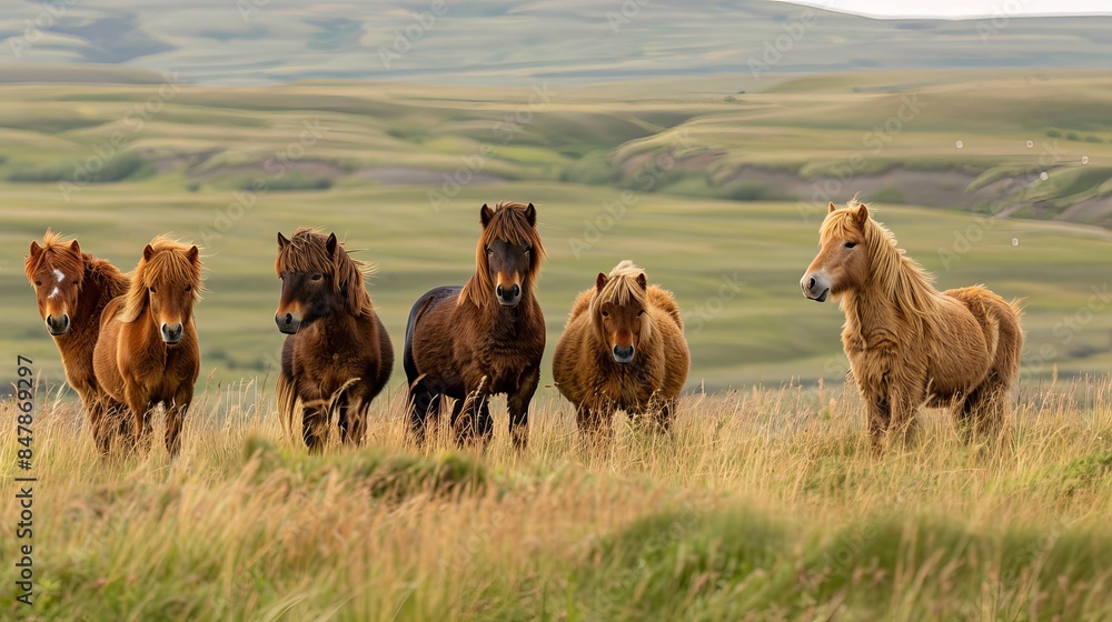 Shaggy Stocky Icelandic Horses on Grassy Hills and Plains in North Iceland, Equine Wildlife Landscape Shaggy Stocky Icelandic Horses on Grassy Hills and Plains in North Iceland, Equine Wildlife Landscape