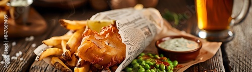 Classic British fish and chips served in a newspaper wrap with a side of mushy peas and tartar sauce, placed on a wooden pub table with a pint of beer