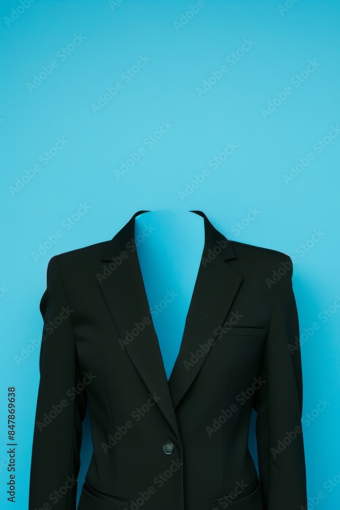 Minimalist concept image of a black suit jacket on a blue background, symbolizing invisibility and anonymity in a professional context. Minimalist concept image of a black suit jacket on a blue background, symbolizing invisibility and anonymity in a professional context.