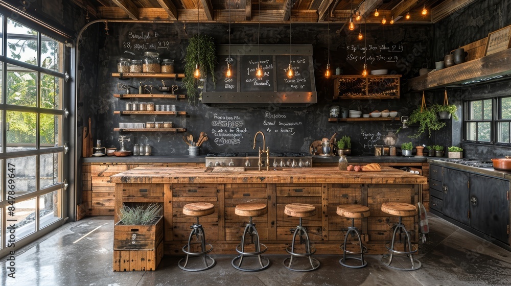 Rustic industrial style bar interior with wood and metal elements