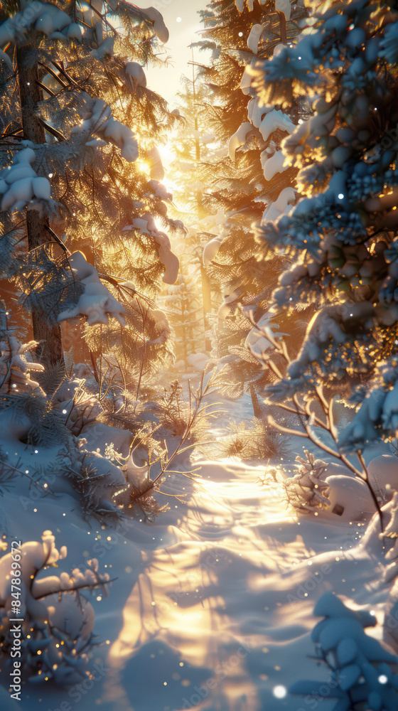 Enchanting Snowy Forest Path Illuminated by Golden Sunrise A Serene Winter Wonderland Captured in Nature's Peaceful Morning Glow Enchanting Snowy Forest Path Illuminated by Golden Sunrise A Serene Winter Wonderland Captured in Nature's Peaceful Morning Glow