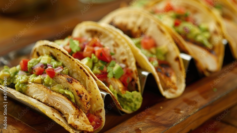 Delicious Mexican tacos with meat, beans and vegetables on a dark background. Close up Delicious Mexican tacos with meat, beans and vegetables on a dark background. Close up