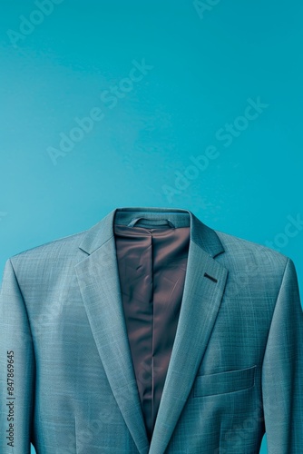 Minimalistic photo of an empty blue suit jacket against a matching blue background, symbolizing professionalism and elegance.