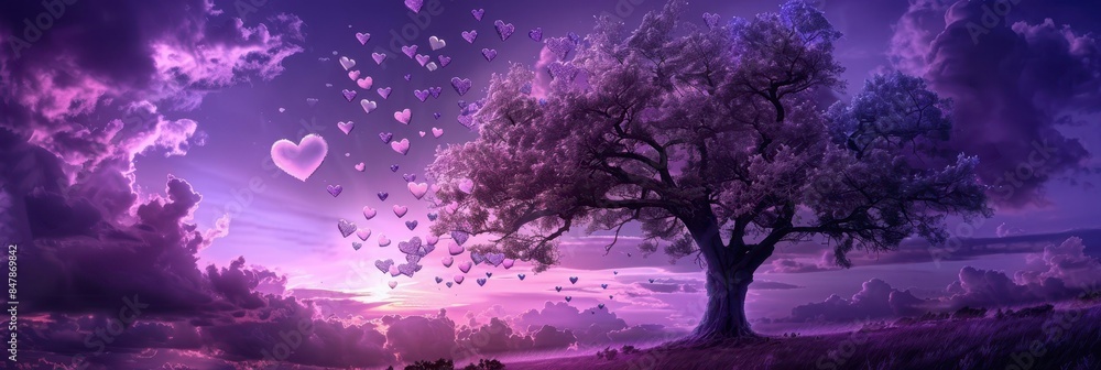 a tree on a meadow and little heart shape flowing around it with sky background inpurple hue a tree on a meadow and little heart shape flowing around it with sky background inpurple hue