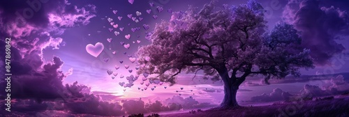 a tree on a meadow and little heart shape flowing around it with sky background inpurple hue photo
