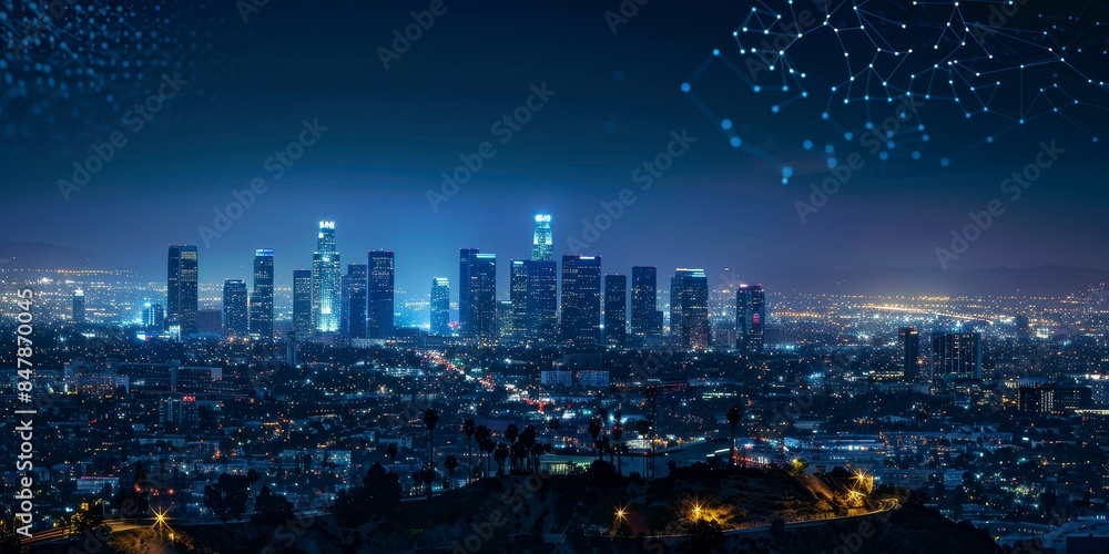 Obraz premium The city skyline at night with digital connections on dark blue sky background