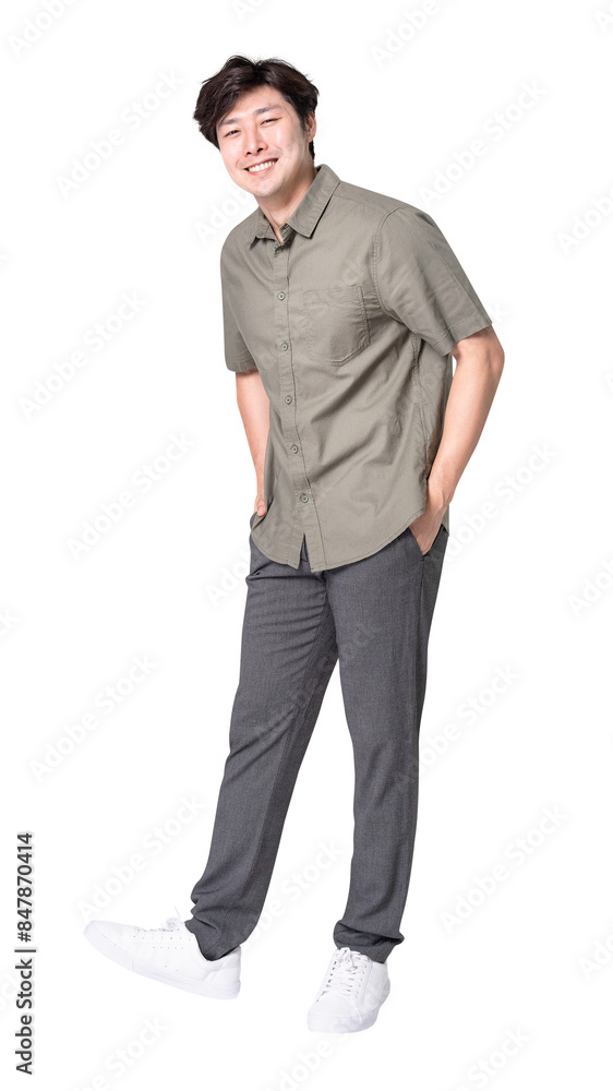 Png Asian man mockup in gray shirt casual wear full body Png Asian man mockup in gray shirt casual wear full body