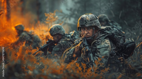 Soldier in Training: During a military training exercise, a group of soldiers practices maneuvers, honing their skills and building teamwork under challenging conditions