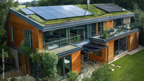 contemporary eco-friendly home with solar panels, green roof, and sustainable materials