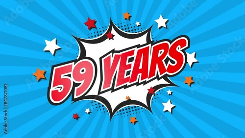 59th fifty-ninth anniversary - 59 fifty-nine years birthday. Animated text on pop colorful background with rotating rays. photo