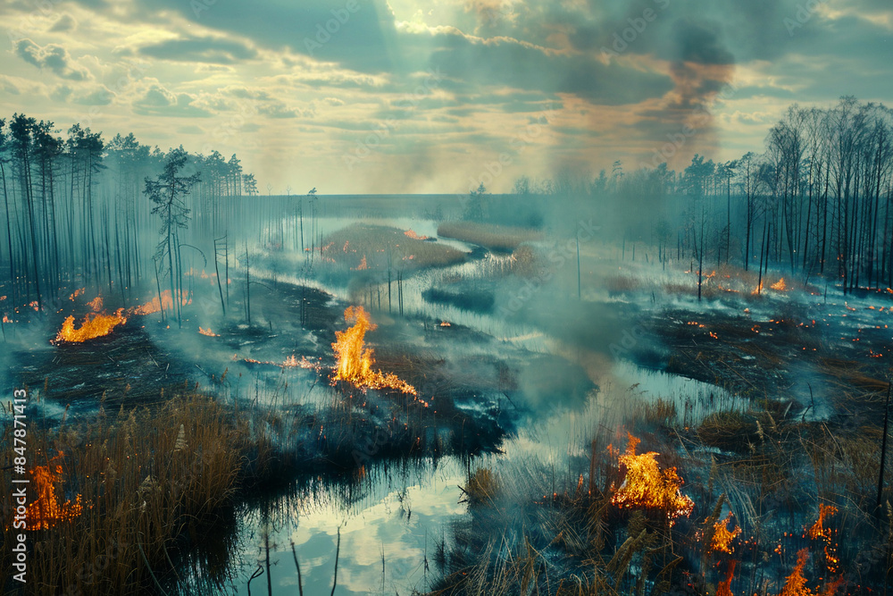 Flames by the River: Large pine forest fire. Flames by the River: Large pine forest fire.
