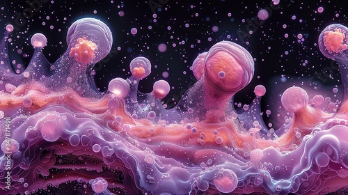 A close-up of abstract purple and pink bubbles floating in a dark, space-like background
