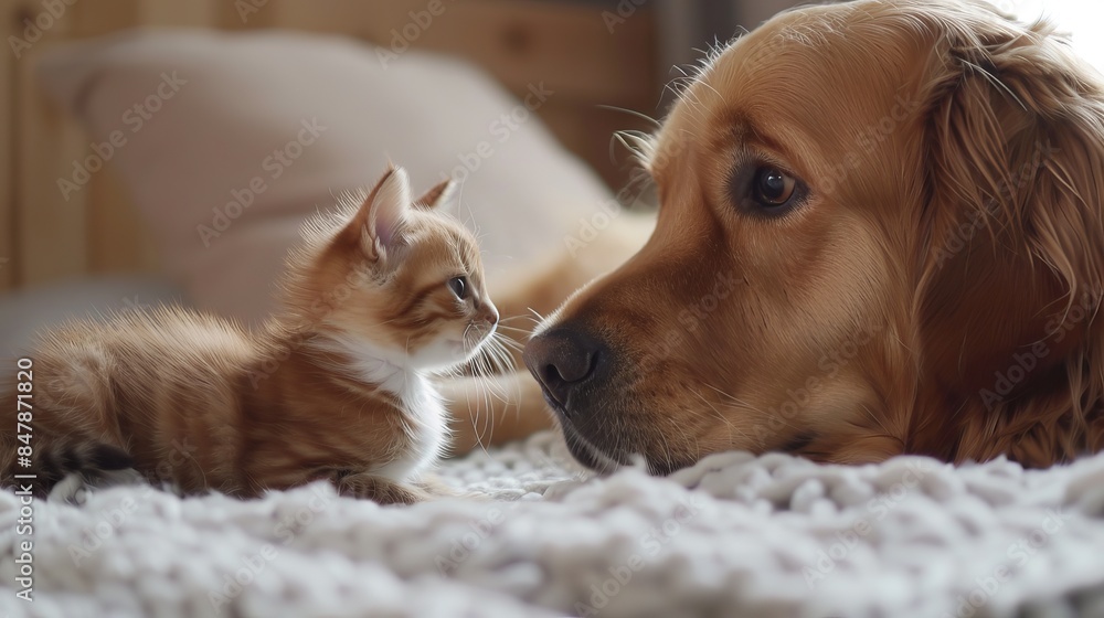 Golden Retriever and Kitten Bonding Playfully in Sunlit Garden Golden Retriever and Kitten Bonding Playfully in Sunlit Garden