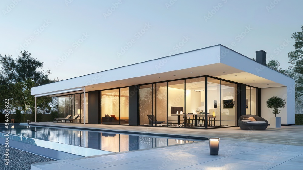 contemporary home with a flat roof, large glass doors, and a private pool contemporary home with a flat roof, large glass doors, and a private pool