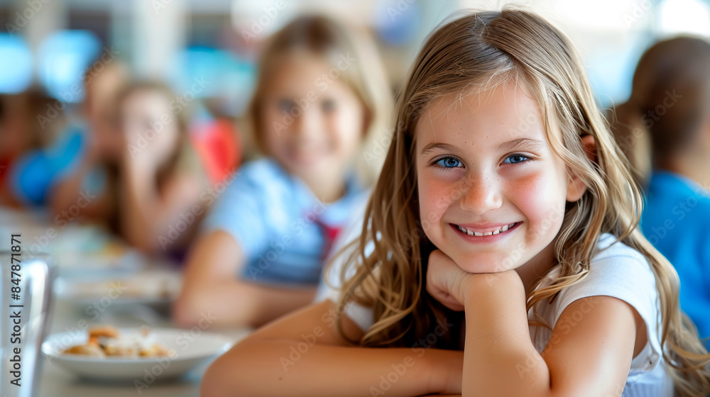 Young smiling caucasian schoolgirl with blond long hair sitting in the school cafeteria. Education, school concept.