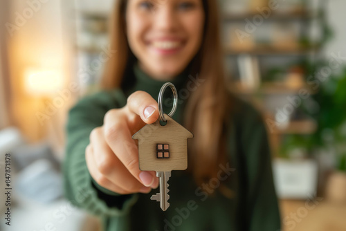 Smiling Woman Holding House Keys - New Homeowner and Real Estate Achievement photo