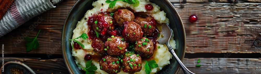 Savory Swedish meatballs with lingonberry sauce and mashed potatoes, presented on a rustic wooden table with Scandinavian decor and soft, diffused lighting Savory Swedish meatballs with lingonberry sauce and mashed potatoes, presented on a rustic wooden table with Scandinavian decor and soft, diffused lighting