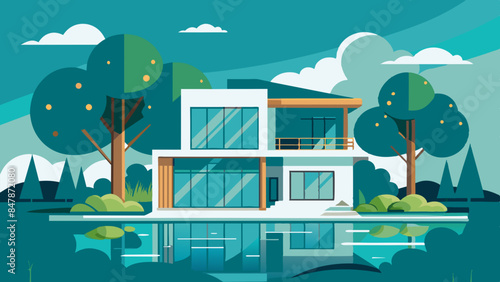 Charming lakeside cottage with a beautiful view of the water and surrounding landscape. Tranquil lakefront home with lush greenery and a peaceful atmosphere.