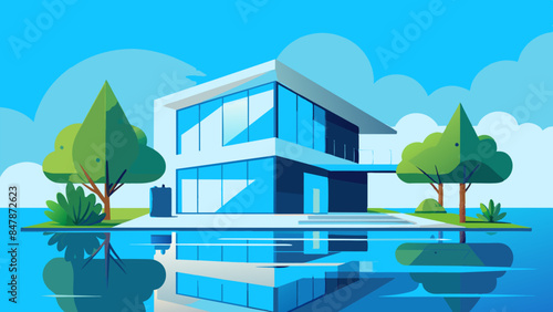 A picturesque house on a secluded island, with tropical vegetation and a tranquil sea backdrop. a serene landscape of trees, water, and sky.