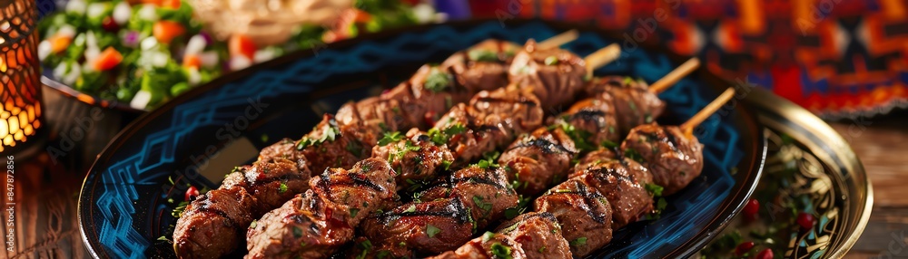 Tender Lebanese lamb kebabs with a side of tabbouleh and hummus, styled in a Middle Eastern market scene with colorful fabrics and lanterns, under warm, ambient lighting Tender Lebanese lamb kebabs with a side of tabbouleh and hummus, styled in a Middle Eastern market scene with colorful fabrics and lanterns, under warm, ambient lighting