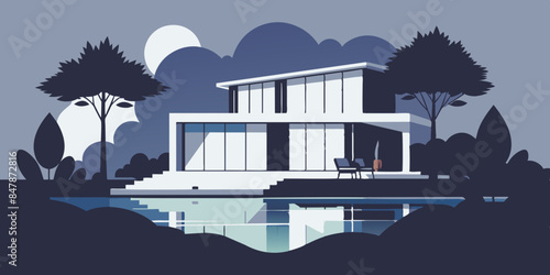 A picturesque house on a secluded island, with tropical vegetation and a tranquil sea backdrop. a serene landscape of trees, water, and sky.