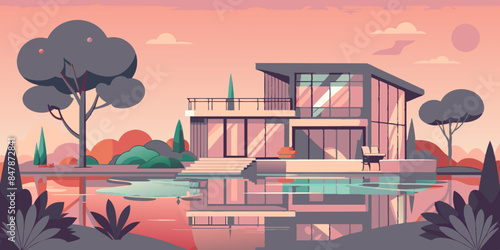 A picturesque house on a secluded island, with tropical vegetation and a tranquil sea backdrop. a serene landscape of trees, water, and sky.