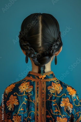 Rear view of a person with braided hair wearing a traditional embroidered garment, standing against a blue background.