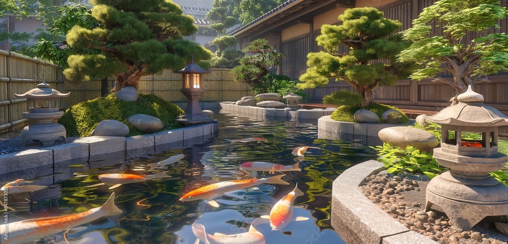A backyard Japanese garden with a koi pond, stone lanterns, and meticulously pruned bonsai trees, offering a tranquil retreat.