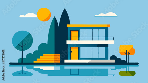 A picturesque house on a secluded island, with tropical vegetation and a tranquil sea backdrop. a serene landscape of trees, water, and sky.