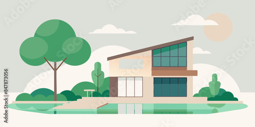 A picturesque house on a secluded island, with tropical vegetation and a tranquil sea backdrop. a serene landscape of trees, water, and sky.