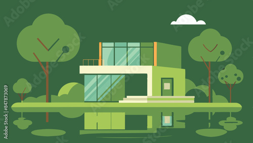 A picturesque house on a secluded island, with tropical vegetation and a tranquil sea backdrop. a serene landscape of trees, water, and sky.