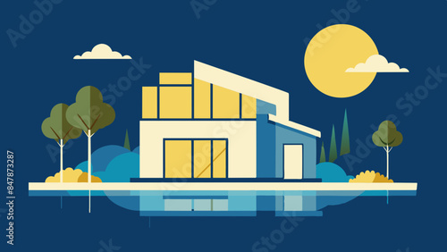 An idyllic house nestled on a serene island, surrounded by glistening waters. A picturesque home situated on a tranquil island, encompassed by shimmering waters and abundant foliage.