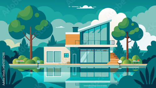 An idyllic house nestled on a serene island, surrounded by glistening waters. A picturesque home situated on a tranquil island, encompassed by shimmering waters and abundant foliage.