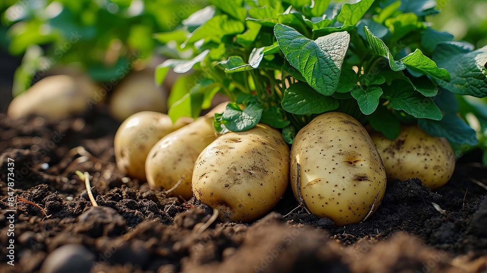Potatoes growing in the garden. selective focus. Generative AI, Potatoes growing in the garden. selective focus. Generative AI,