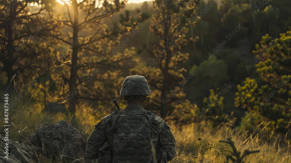 Soldier on Patrol: In a remote area, a soldier moves cautiously while on patrol, staying alert to any potential threats in the environment Soldier on Patrol: In a remote area, a soldier moves cautiously while on patrol, staying alert to any potential threats in the environment