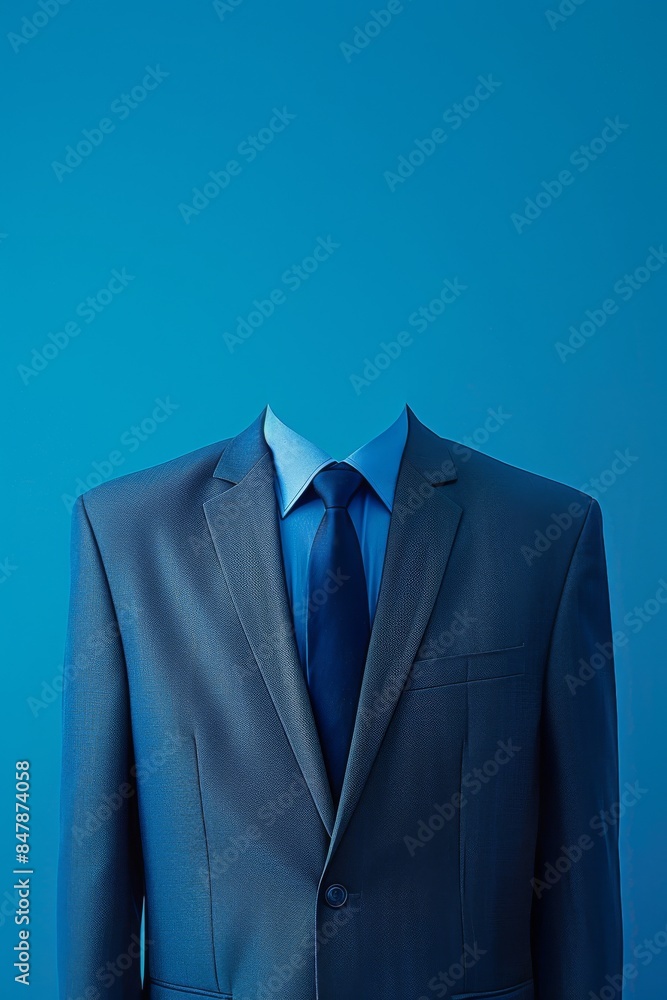 Surreal blue suit with missing head concept, symbolic of anonymity or individuality. Ideal for creative designs and abstract themes. Surreal blue suit with missing head concept, symbolic of anonymity or individuality. Ideal for creative designs and abstract themes.