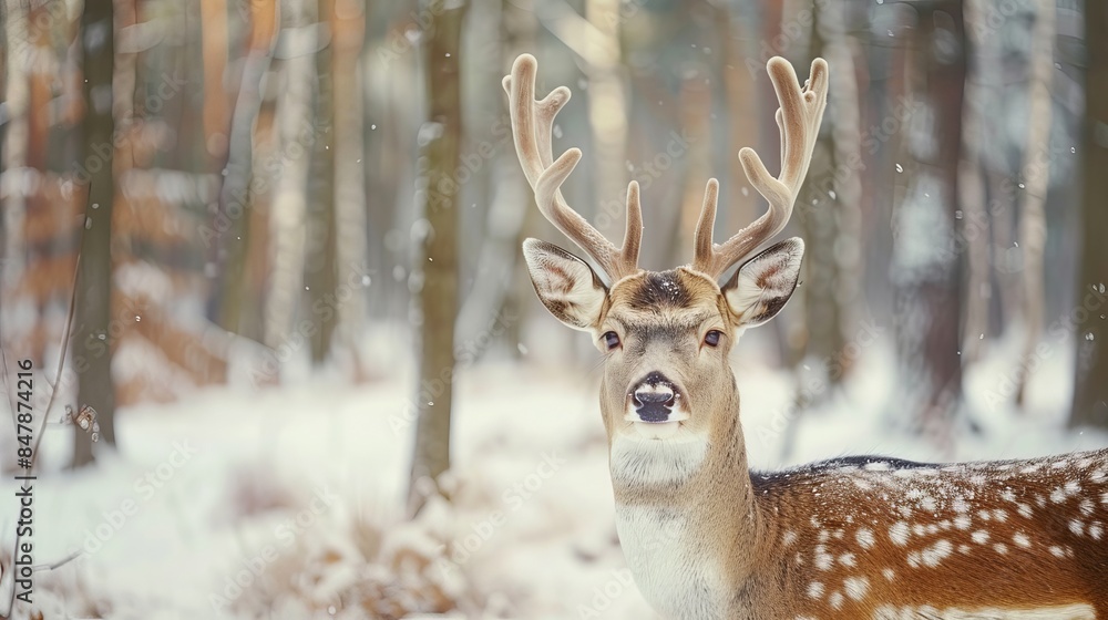 White-tailed Deer in Winter Forest. Majestic Wildlife Scene with Snow-Covered Trees and Tranquil Nature Background White-tailed Deer in Winter Forest. Majestic Wildlife Scene with Snow-Covered Trees and Tranquil Nature Background