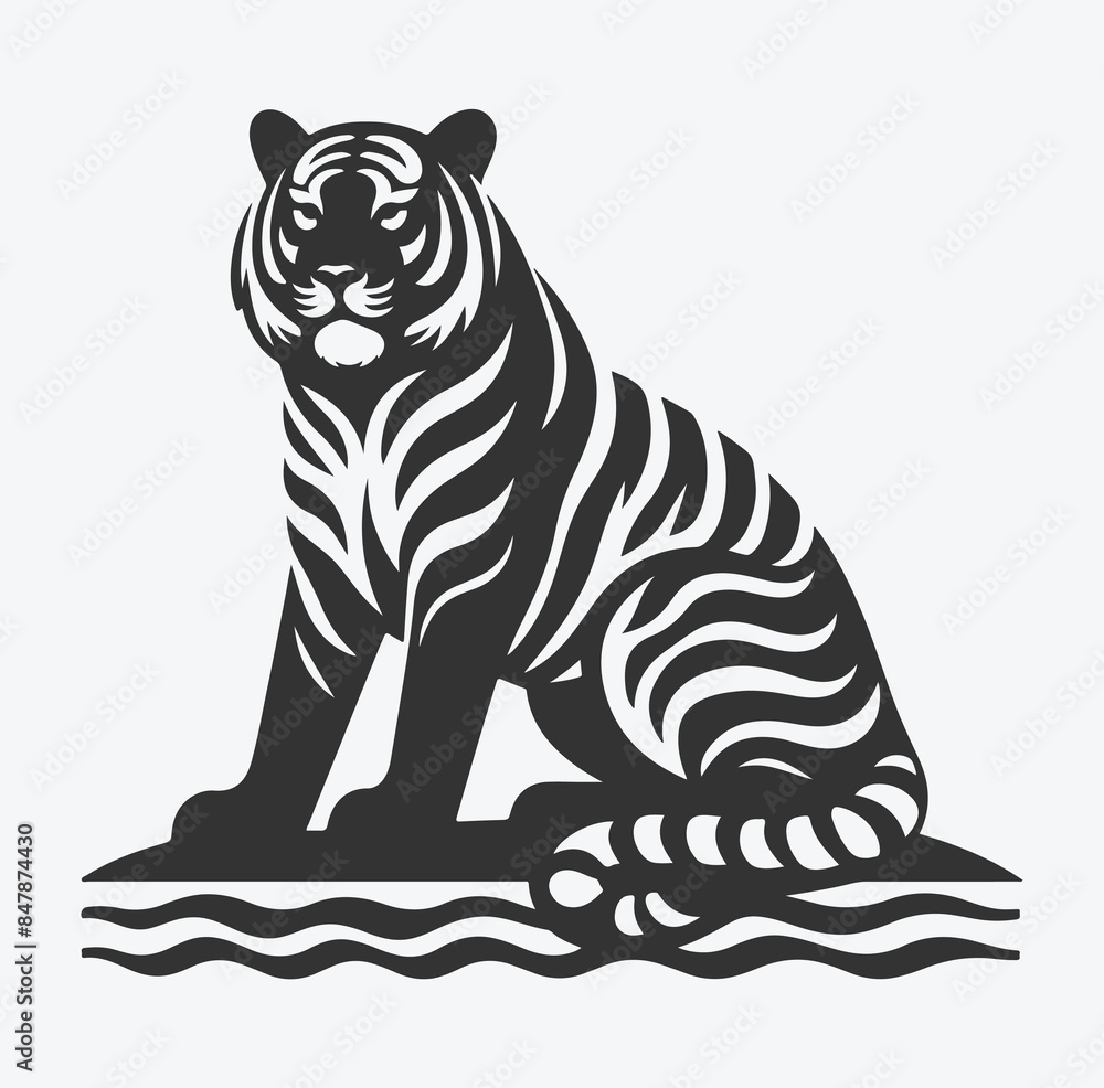 Obraz premium Majestic Tiger Silhouette with Intricate White Line Patterns, Perfect Vector Art for Creative Projects