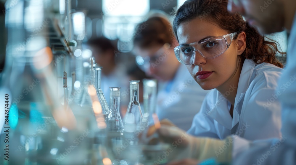 Chemical engineers experimenting, factory workers assembling, and collaborating within a petrochemical factory Chemical engineers experimenting, factory workers assembling, and collaborating within a petrochemical factory