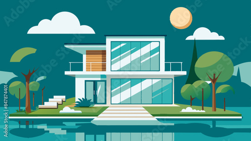 A picturesque house situated on a tranquil island, with a beautiful landscape of trees and water.