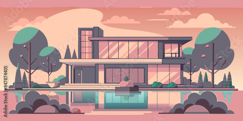A picturesque house situated on a tranquil island, with a beautiful landscape of trees and water.