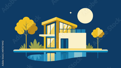 A picturesque house situated on a tranquil island, with a beautiful landscape of trees and water.