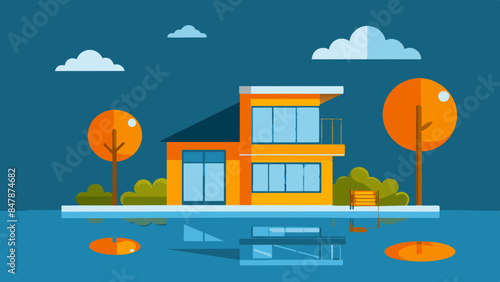 A picturesque house situated on a tranquil island, with a beautiful landscape of trees and water.
