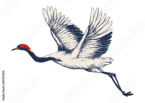 фотографія Japanese red-crowned crane sticker with white border